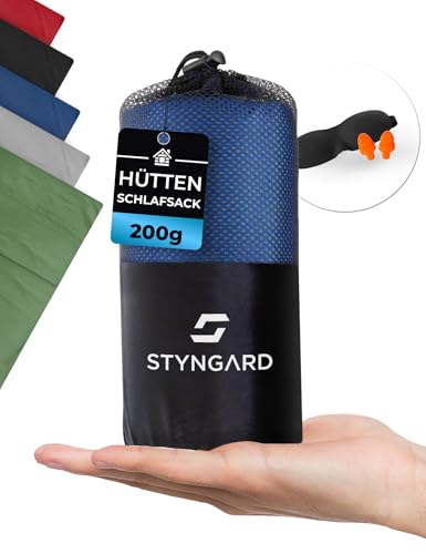 STYNGARD 2in1 Hüttenschlafsack Ultraleicht [200g] - Ultraleichter Schlafsack kleines Packmaß - Dünner Schlafsack Inlett leicht & weich Modell HANOI (mit Reißverschluss, Blau)