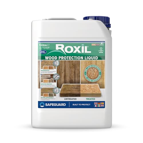 Roxil Holzschutzflüssigkeit 5L - Bis zu 10 Jahre Witterungsschutz und Hydrophobierung für Weichholz und gealtetes Hartholz - Geeignet für Holzmöbel, Gartenmöbel