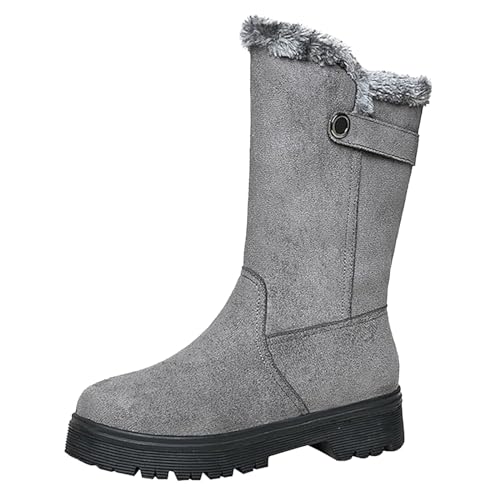 PTLLEND Outdoor 43 Winter Damen Lederstiefel Schneestiefel kurze Stiefel mittlerer Absatz Kurzschaft Damen Blockabsatz (2-Grey, 38)