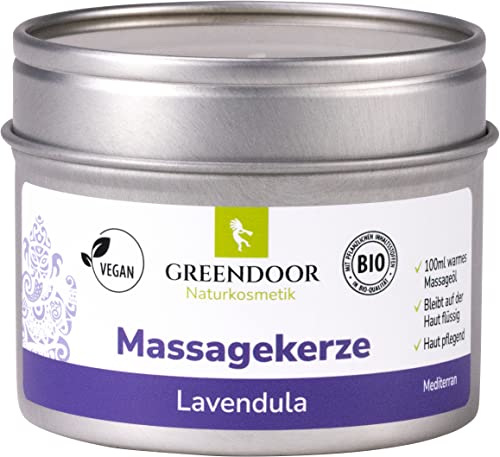 GREENDOOR Natur Massagekerze Lavendula 100ml, BIO Öle und entspannendes ätherisches Lavendel-Öl, vegan, rußt nicht, natürlich ohne Tierversuche, Naturkosmetik Geschenke Massage-öl