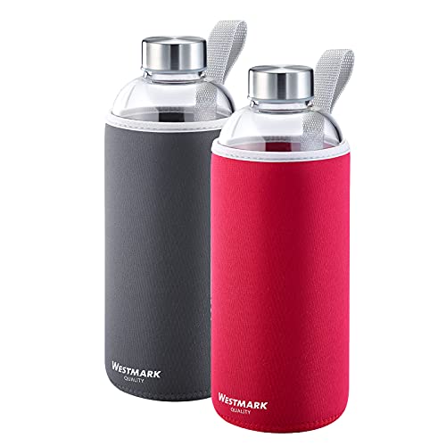 Westmark Trinkflaschen-Set, 2tlg., 2 Trinkflaschen aus Glas mit Aufdruck, inkl. je 1 Schutzhülle, 1000 ml, Glas/Silikon/Kautschuk, BPA-frei, Viva, Rot/Anthrazit/Silber/Klar, 527422E8