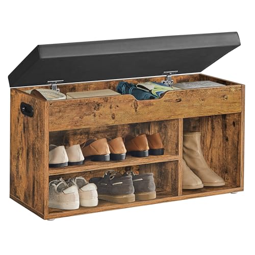 VASAGLE Schuhbank mit Sitzfläche, Sitzbank mit Stauraum, gepolstert, 3 offene Fächer, Fach unter Sitzkissen, Schuhregal für Wohnzimmer, Flur, bis 136 kg belastbar, vintagebraun LHS30BX