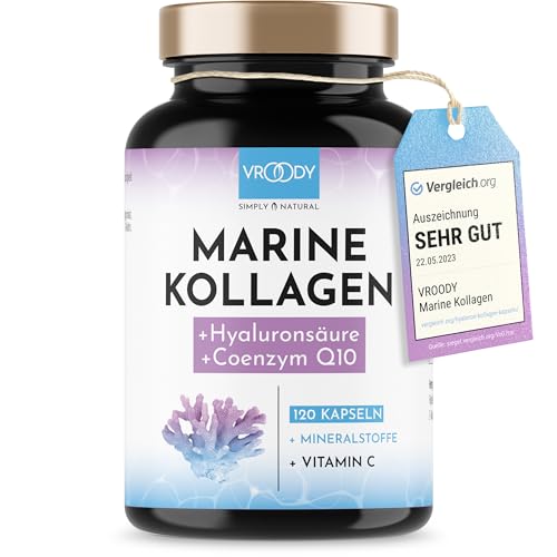 Premium Marine Kollagen Kombo 1000mg + Q10, Hyaluronsäure, Kupfer, Mangan, Vitamine C, Zink & Biotin tragen zur Erhaltung normaler Haut&Haare bei; Made in Austria by VROODY - Testergebnis SEHR GUT!