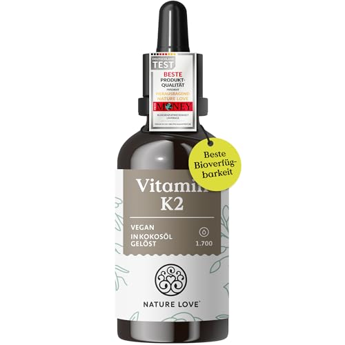 NATURE LOVE® Vitamin K2 MK7-200µg - 1700 Tropfen (50ml) - Höchster all-trans-Gehalt 99,7+% - Hochwertig: K2VITAL® von Kappa - gelöst in MCT Kokos-Öl - Hochdosiert, vegan & in Deutschland produziert