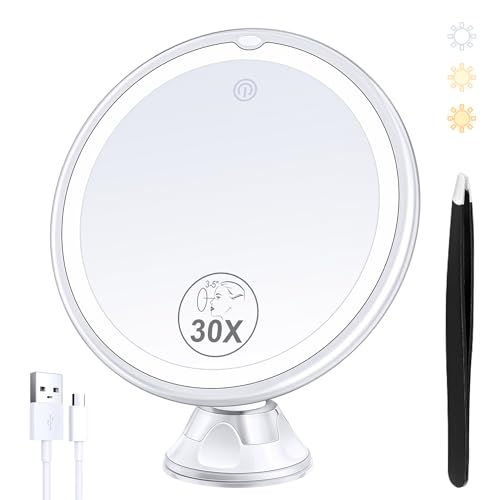 MIYADIVA Beleuchteter Makeup-Spiegel mit 30-facher Vergrößerung, 30X Vergrößerungsspiegel Saugnapf mit Licht, 3 Farben Modi und einstellbare Helligkeit, Saugnapf Spiegel für Vanity Mirror 1500mAh