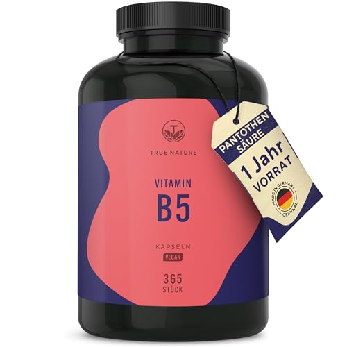 Vitamin B5 - Pantothensäure 500 mg hochdosiert - 365 Kapseln - 1 Jahr Vorrat: Big Pack - Vegan - Deutsche Produktion - TRUE NATURE