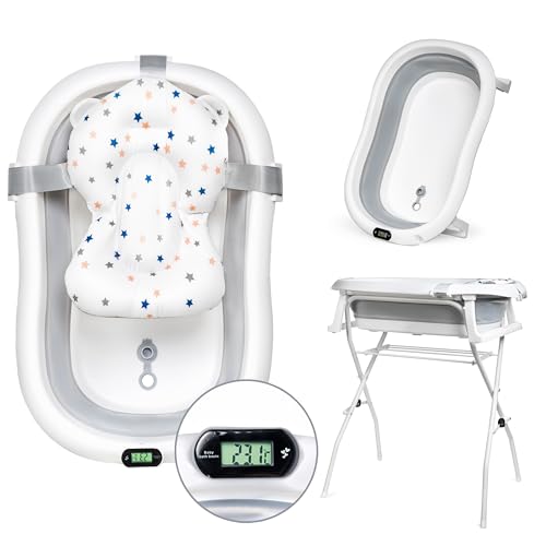 moovkee. Babybadewanne mit Gestell 80cm - Baby Badewanne Faltbar mit Thermometer und Badekissen - Babywanne mit Ständer Sicher für Ihr Baby - Babybadewanne Neugeborene