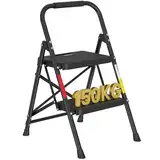 BONTEC Trittleiter 2 Stufen Klappbar, 150kg Kapazität mit Breiten Anti-Rutsch-Pedalen, Faltbarer Stahl-Tritthocker, Schwamm-Lenker, Zuhause, Speisekammer, Innen- und Außenbereich, Schwarz