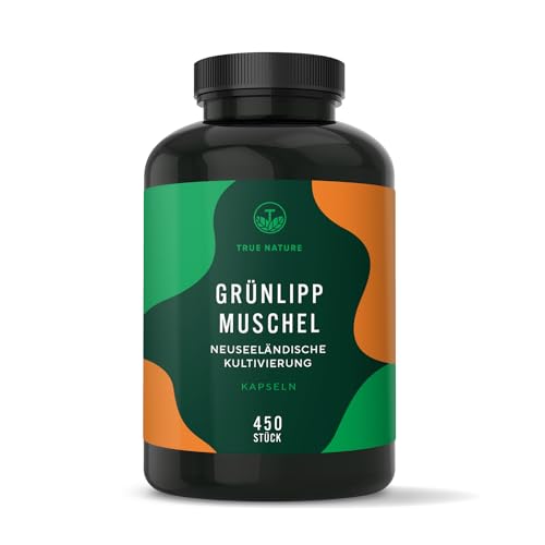 Grünlippmuschel - 450 Kapseln - 50% mehr Inhalt - Hochdosiert: 2000mg pro Tagesdosis - Ohne jegliche Zusatzstoffe - Kultiviert in Neuseeland - Deutsche Produktion - TRUE NATURE®