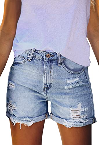 Sovoyontee Damen Hohe Taille Denim Kurze Hose Ausgefranste Distressed Zerrissener Jeans Destroyed Sommer Blau M