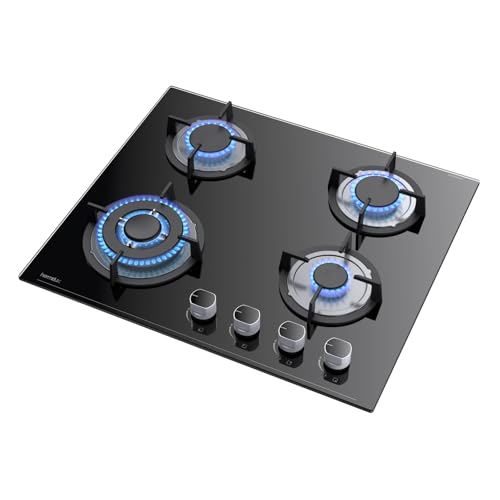 Hermitlux Gaskochfeld 4 Flammig, 60cm, 7800W,Erdgas/Propangas, Automatischer Thermoelementschutz, Schwarz, Einbau Glasherd