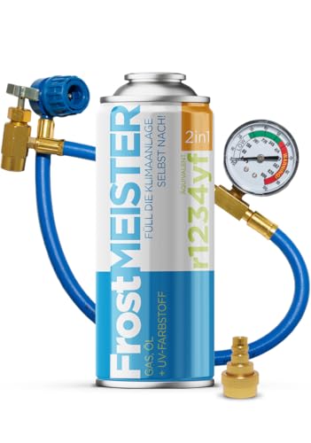 FrostMEISTER 2in1 – 400 ml Auto-Klimaanlagen-Nachfüllset inkl. Schlauch mit Manometer & Adapter – Schnelle & einfache Ersatz für das Kältemittel für R1234yf (ab Baujahr 2017)