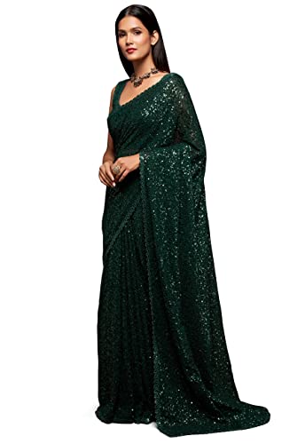 TRENDMALLS Damen Heavy Georgette Pailletten Arbeit Heavy Sari mit Bluse, Dunkelgrün, Einheitsgröße