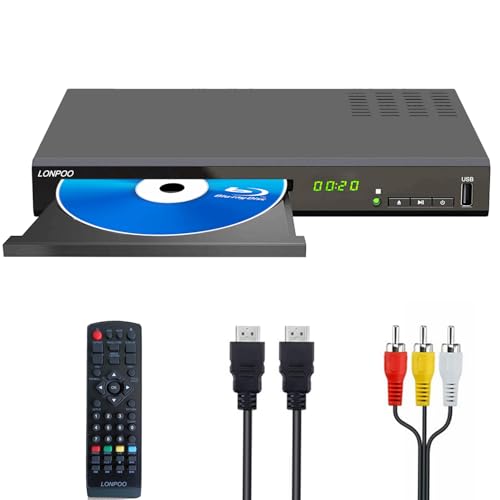 Blu-ray Player für Fernseher, Kompakter 1080P HD Bluray DVD Player mit HDMI, AV, Koaxialausgang, USB-Eingang, alle Region DVDs und Region B/2 Blu-ray Disc Player, Metallgehäuse