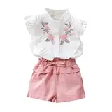 Generisch Bekleidungssets Für Mädchen 128 Baumwolle 2 Teiler Sommer Outfits Blumenmuster Shorts Und Weste mit Rüschen Sommerurlaub Mode Casual kinderkleidung Lässige Kleidung Freizeit Hosenanzug