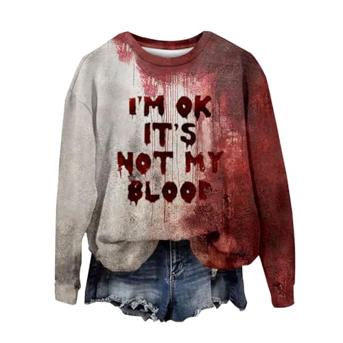 Problem Gelöst Halloween Kostüme Damen I´m Fine Print Rundhals Langarm Pullover mit Blutigem Muster Halloween Kostüme Blutige Wunde Langarmshirt Soft Locker Pulli Autumn Winter Oberteile Bluse