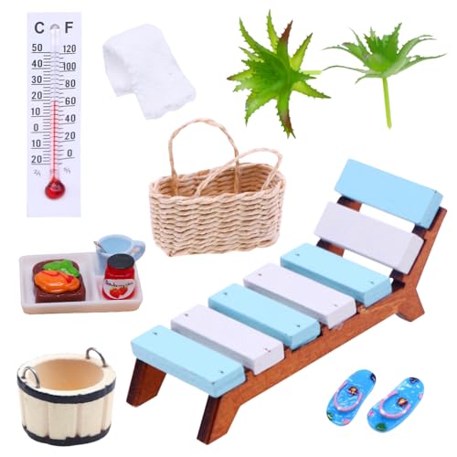 CLIUNT 13 Teile Miniatur Deko Sauna Zubehör,Wellness Deko Zubehör,Sauna Zubehör,Mini Strandkorb Korb Hausschuhe Eimer Badetuch,mit Miniatur Lebensmittel,für DIY Dekoration