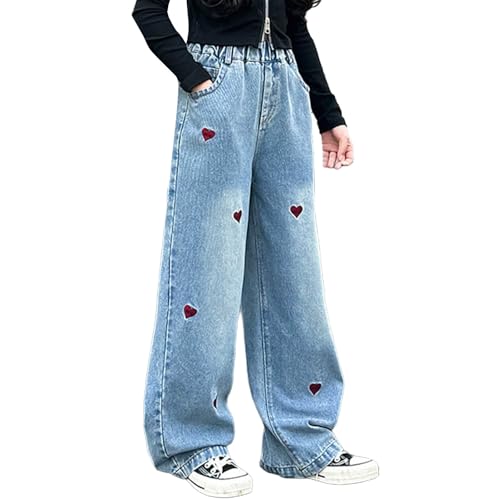 Zerrissene Jeans Mädchen Süße Gerade Wide Leg Denim Hose Sommer Elastische Taille Verwaschene Schwarze Lockere Hose Mädchen Trendy Lässige Mit Geradem Bein für Kinder Teenager (Blue-F, 9-10 Years)