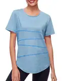Terecey T Shirts Damen Lang Atmungsaktiv Sport Shirts für Damen Fitness Shirt Mädchen Gym Rundhalsausschnitt Laufshirt Kurzarm für Lässig Laufen Yoga Blau M