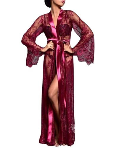 ROSVAJFY Damen Langes Durchsichtiger Spitze Kimono Robe mit Satin Gürtel, Sexy Lange Ärmel Dessous Robe Bademantel Babydoll Negligee Nachthemd Morgenmantel Cardigan Cover up(Bordeaux)