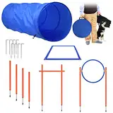 UISEBRT Agility Ausrüstungs Set für Hunde - Haustier-Trainingsset Hindernisse mit Hundetunnel Hürde Tunnel Training inkl. Hürdenstange Verstellbare Höhe, Tragetasche, Geflochtene Stangen