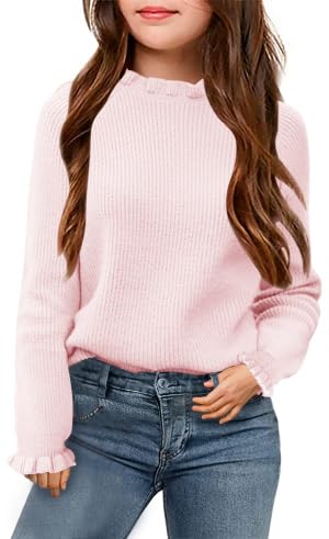 Haloumoning Pullover Mädche Langarm Strick Oberteile Rundhalsausschnitt Rüschenärmel Strickpullover Kinder Winter Knitted Sweater Rosa, 6-8 Jahre