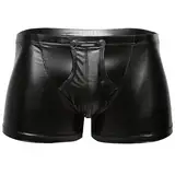 Herren Boxershorts Leder Optik Vinyl Wetlook sexy Unterwäsche, Reizwäsche für Männer, Clubwear Shorts Pants Front Pouch mit Druckknöpfe Schwarz Latex ähnlich (L)