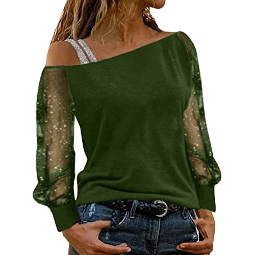 Schulterfreies Oberteil Damen, Sexy Oberteil Damen, Blusen Pailletten Langarm Top One Shoulder T Shirts Stilvolle Cut Out Shirts Freizeit Locker Carmenblusen Leichte Bedruckte