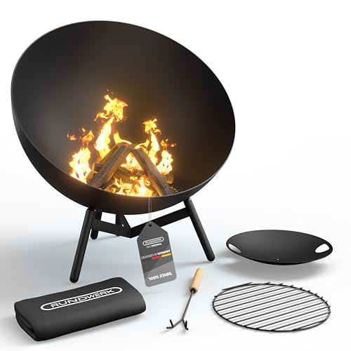 Rundwerk® Feuerschale für den Garten - Ø 60cm - Geneigte & horizontale Position - Outdoor Feuerstelle - Ideal für Terrasse – firebowl - Wetterfest, Funkenschutz und Windgeschützt - Stahl - schwarz