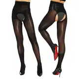 Yilanmy Glanz Strumpfhose Ouvert Für Damen Sexy Strumpfhose Offen Schritt Glänzend Tanzstrumpfhose 2 Paar (Schwarz, L-XL)