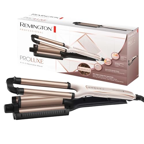 Remington Welleneisen [Testsieger] ProLuxe 4-in-1 Lockenstab: Beach , natürlich Wellen, Wasserwellen, Mermaid-Waves (Dig. Display, Temperatureinstellung bis 210° C) Kreppeisen, Multistyler CI91AW