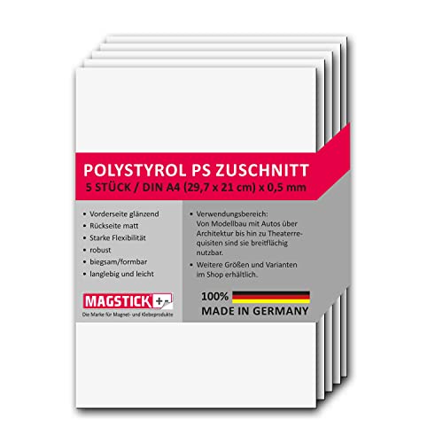 5er Set Polystyrol Platten weiß I DIN A4 Kunststoff-Hartplatten PS Zuschnitte I 29,7 x 21 cm I 0,5 mm Stärke I für Modellbau Architektur DIY I mag_259