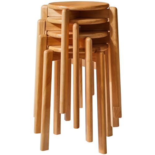 YMYNY Esszimmerstühle, Barstühle aus massivholz, 4er Set Barhocker, rund Sitzhocker, Arbeitshocker, platzsparend, stapelbar, für Tagungsraum, Wohnzimmer, Esszimmer, Küche, Natürliche Farbe HBD026N-4