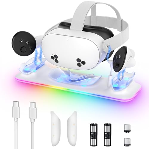 Ladestation für Meta Quest 3S/3, Kinwin Magnetische Ladestation für Oculus Quest 3S/3 Zubehör mit RGB Licht, Ladeständer für VR Headset und Controller mit 2 wiederaufladbaren Akkus