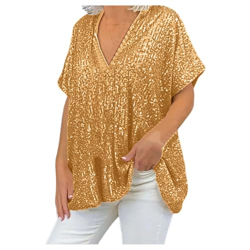 2025 - Damen-T-Shirt mit V-Ausschnitt und Pailletten: Kurzärmliges, locker sitzendes, lässiges Oberteil im City-Stil Bluse Transparent (Gold, XXL)