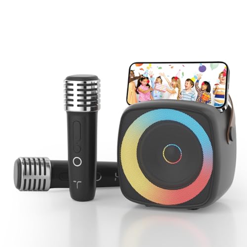 TANALAZ Karaoke Maschine 2 Mikrofone für Jungen Mädchen, tragbare Bluetooth-Lautsprecher mit dynamischen Lichtern für Kinder Erwachsene Mini Voice Changer Mikrofon Lautsprecher Set mit Telefonhalter
