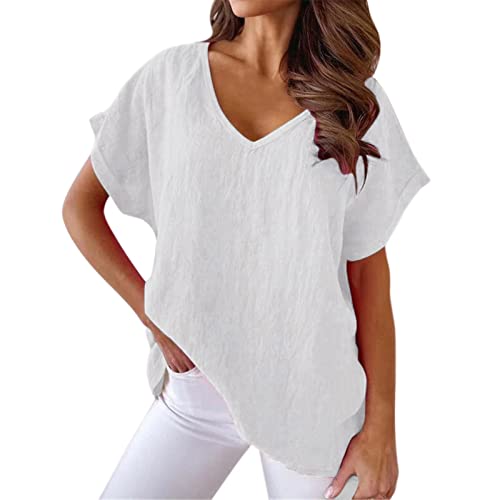 Leinenbluse Damen Sommer T-Shirt V-Ausschnitt Bluse Elegant Einfarbig Baumwolle Leinen Top Kurzarm Fledermausärmel Tunika Lässig Locker Oberteile Leinenhemd Frauen Blusen & Tuniken