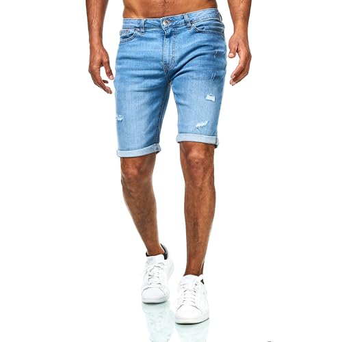 JEEL Herren Kurze Hosen - Slim-Fit Jeans-Shorts - 5-Pocket-Style - Stretch Herren-Shorts - Kurze Hose für Männer - Basic Washed Destroyed - 12-Hellblau - 34W