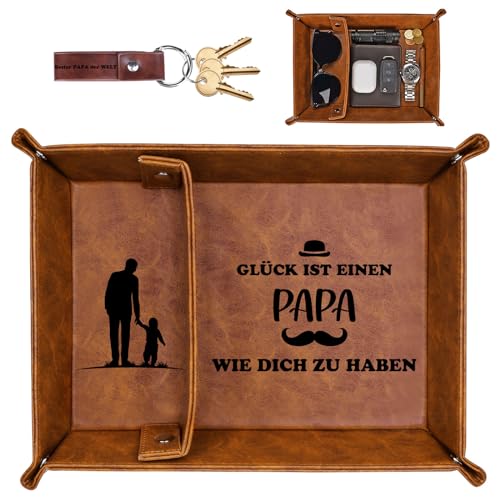 Schreibtisch Organizer Vatertagsgeschenke für Papa, Bester Bonus Papa Geschenk für Vater Stiefvater Schwiegervater, Geschenkideen Geburtstagsgeschenk für Papa, PU-Leder Taschenleerer Ablage Tablett