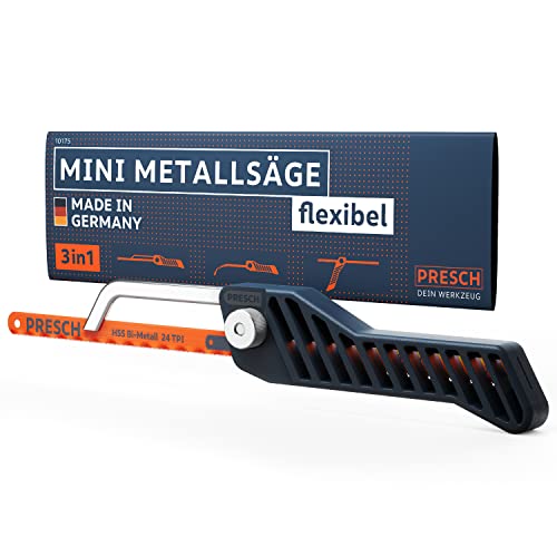 Presch Mini Metallsäge Flexibel 300mm - 3in1 Bügelsäge inkl. Metallsägeblatt - Verstellbarer Sägehandgriff mit Sägeblatt für Metall - Kleine Eisensäge - Junior Hacksaw