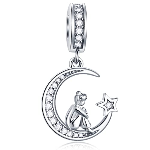 Mädchen sitzt auf Halbmond Anhänger Charms, passt Pandora Valentinstag Armband Halskette, 925 Sterling Silber funkeln CZ Daddy's Mädchen Perlen, Geschenk für Enkelin/Nichte Cousin/Schwester