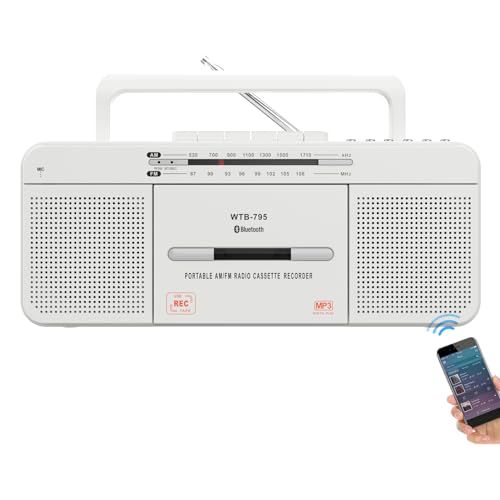 WTB-795 Retro Kassettenspieler mit USB/Bluetooth/AM/FM-Radio-Stereo, integriertem Mikrofonrecorder, Kassetten-zu-MP3-Konverter, Großer Lautsprecher, Kopfhöreranschluss, Zwei 3” Lautsprecher, Tragbar