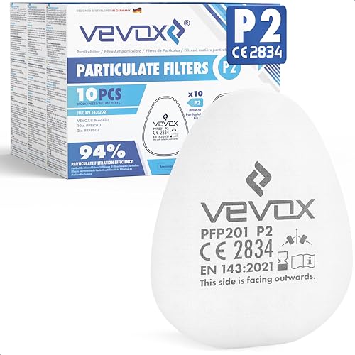 VEVOX® P2 Partikelfilter im 10er Set - Schutz gegen Partikel & Aerosole - 94% Filtrationsleistung bei Partikeln & Aerosolen (0,3μm) - inkl. 2 x Kunstoffretainer - Kompatibel mit VEVOX® #HM5376