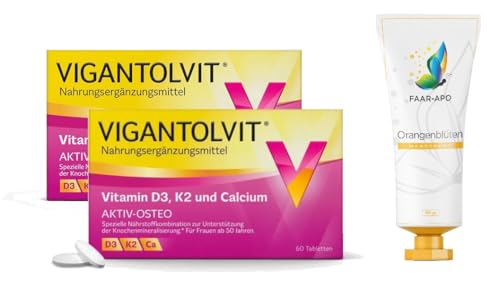 VIGANTOLVIT Vitamin D3, K2 und Calcium, Sparset 2 x 60 Tab.inkl. einer hochwertigen Handcreme Marke Faar-Apo