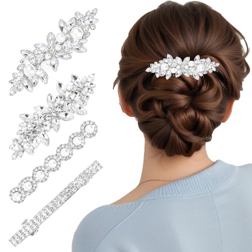 Nogeqi 4 Stück Braut Haarschmuck Silber, Französische Strass Haarspange Hochzeit Glitzer, Glänzende Strass-Haarspangen für Hochzeiten mit Funkelnden Kristallsteinen, Kopfstücke Schmuck Damen Frauen