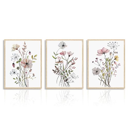 Dazzlewall 3 Stück Wildblumen Wandbilder Botanische Blumen Leinwand Bilder für Schlafzimmer Wohnzimmer Deko 30x40 cm Ungerahmt