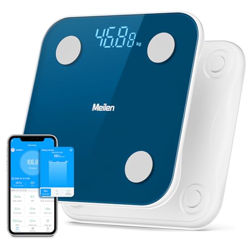Digitale Waage Personen Körperwaage mit APP, Intelligente Personenwaage zur Überwachung des BMI,Gewicht, Fettanteil,Muskelmasse, Maximale Tragfähigkeit 180 kg, Batterie im Lieferumfang enthalten-Blau