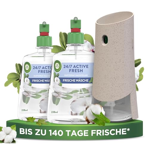 Air Wick Active Fresh – Starter Set – Aeorosolfreier, automatischer Lufterfrischer – Raumduft Frische Wäsche – 2 x 228 ml Nachfüller + Gerät