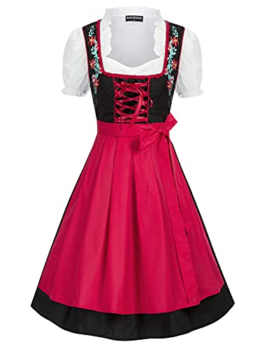 SCARLET DARKNESS Damen Trachtenkleid 3tlg Kleid, Bluse, Schürze Damen Knielang Dirndl Kleid für Oktoberfest Trachtenkleid Schwarz und Rot M