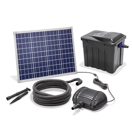 esotec Solar Teichfilterset Premium 50/2500, Teichfilter Komplettset, 2500 l/h, 4 Stufen Filterung, Solarmodule 50Wp, Teichpumpe außen, Gartenteich Reinigungssystem, 101070